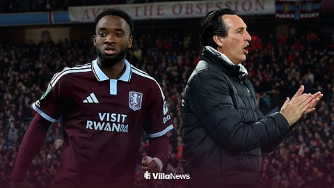 Aston Villa's Lamare Bogarde and Aston Villa manager Unai Emery with Villa Park in the background
