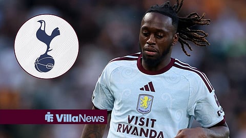 Aaron Wan-Bissaka playing for Aston Villa and a Tottenham badge