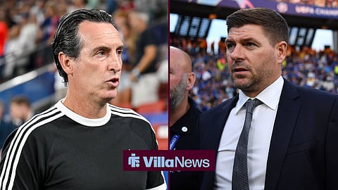 Unai Emery looking right with Steven Gerrard looking left in Aston Villa image split