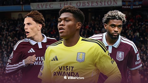 Aston Villa players Zion Suzuki, Alejandro Garnacho, and Ibrahim Mbaye