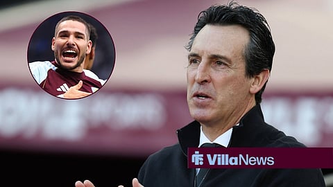 Aston Villa manager Unai Emery with Aston Villa's Emi Buendia in a circular inset