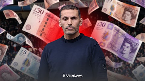 Khaldoon Al Mubarak at Villa Park surrounded by falling bank notes
