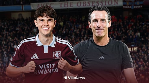 Max Jenner in an Aston Villa shirt and Unai Emery beside him at Villa Park