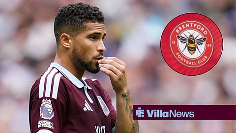 Joao Gomes playing for Aston Villa, and a Brentford badge in a circular frame inset