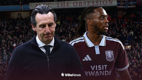 Aston Villa manager Unai Emery next to Aaron Wan-Bissaka with Villa Park background