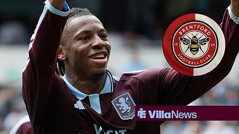 Johan Manzambi celebrating for Aston Villa and Brentford badge
