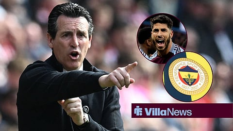Unai Emery managing Aston Villa, Marco Asensio celebrating for Aston Villa and Fenerbahce badge