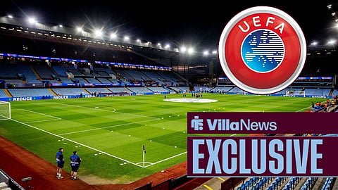 Aston Villa's Villa Park stadium with UEFA logo in a circular inset