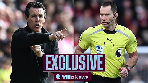A 50:50 image. On the left is Aston Villa manager Unai Emery shouting and pointing. On the right is referee Jarred Gillett officiating a Premier League fixture.
