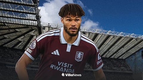 Aston Villa's Tyrone Mings with Newcastle United's St James' Park background