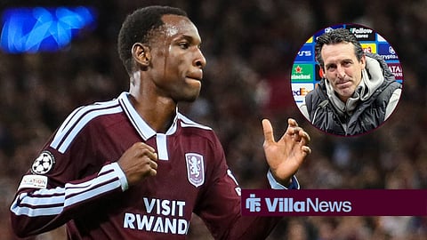 Nicolas Jackson celebrating for Aston Villa, and Unai Emery in a press conference in a circular frame inset