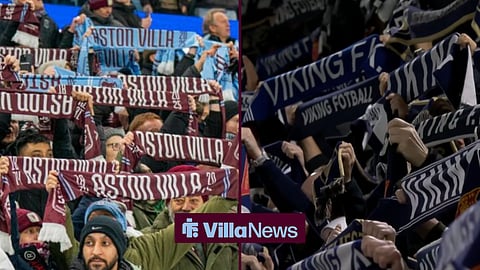 Aston Villa fans holding up scarfs at Villa Park and Viking fans holding up scarfs