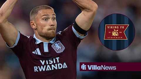 Aston Villa's Matty Cash and Viking's crest in a circular inset