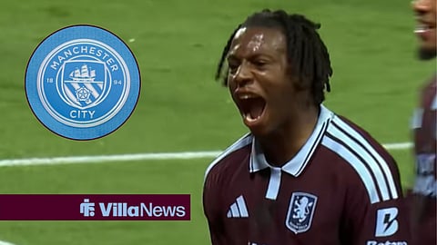 Johan Manzambi celebrating for Aston Villa and a Manchester City badge