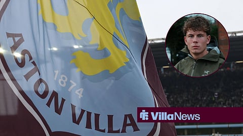 Aston Villa flag at Villa Park and circle inset of Cameron Ellis