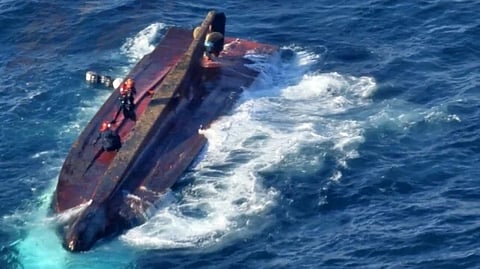 The overturned fishing vessel Geungwang following its collision with a sand barge off Gyeongju, South Korea, December 9, 2024. Seven of the vessel's eight-strong crew are confirmed dead.