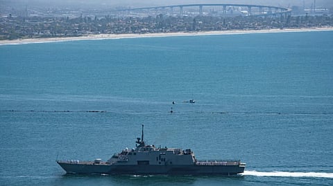 The US Navy littoral combat ship USS Freedom returns to San Diego, California, on April 12, 2021, to bring its final operational deployment to a close.