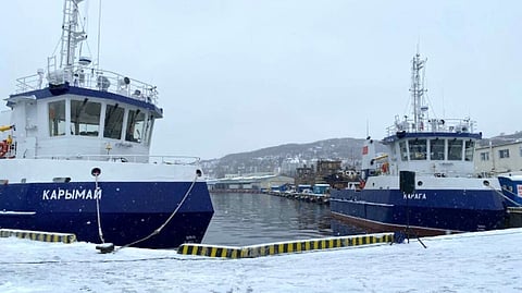 V.I. Lenin Fishing Collective Farm's newest seiners Karaga and Karymai at a ceremony marking the start of the vessels' operational sailings, December 27, 2024