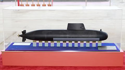 Scale model of Taiwan's Indigenous Defense Submarine prototype, photographed during the submarine's keel-laying ceremony on November 16, 2021