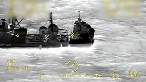 Screenshot of infrared video taken from a US Coast Guard MH-60 Jayhawk helicopter showing the operation to rescue the crew of the trawler Mattie and Maren II off Block Island, Rhode Island, January 23, 2025