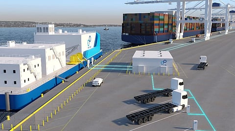 Artist's impression of a Core Power floating nuclear powerplant barge supplying electricity in a port