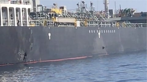The aftermath of a suspected limpet mine attack on a tanker in the Gulf of Oman on June 13, 2019