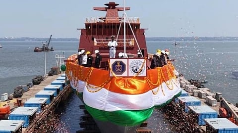 Future Indian Navy stealth frigate hits the water