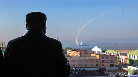 Test-firing of the weapons system of North Korea's new Choe Hyon-class warship