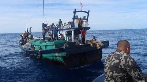 One of the two Malaysian fishing boats seized in the Malacca Strait