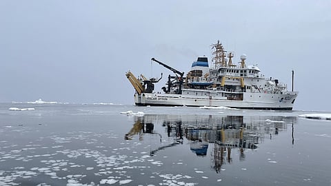 NOAA ship Oscar Dyson out at sea supporting a science mission in Alaska in 2022. 