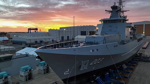 The Royal Australian Navy offshore patrol vessel HMAS Arafura prior to being launched into the water for the first time