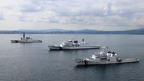The Legend-class US Coast Guard Cutter Stratton (WMSL 752) steams alongside the Japan Coast Guard Patrol Vessel Asanagi (PLH-43) and the Philippine Coast Guard vessel BRP Teresa Magbanua (MRRV-9701) during a trilateral search and rescue exercise in Kagoshima, Japan, June 20, 2025