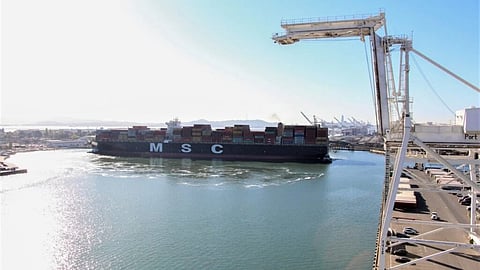 An MSC containership at the turning basin at Oakland Seaport