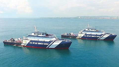 BRP Francisco Dagohoy (left) and BRP Lapu-Lapu, two 50-metre enforcement vessels of the Philippine Bureau of Fisheries and Aquatic Resources
