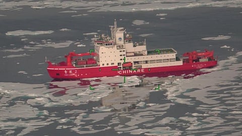 A Coast Guard C-130J Hercules aircrew from Coast Guard Air Station Kodiak detects and responds to the China-flagged research ship Xue Long 2 on the US extended continental shelf (ECS) in the US Arctic