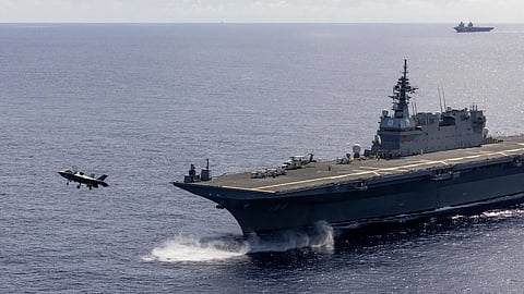 UK F-35B Lightning jet launches from Japanese Self Defence Force Flagship, JS Kaga.