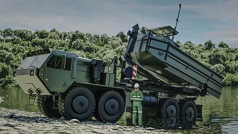 Artist's impression of a bridge erection boat being lowered into the water