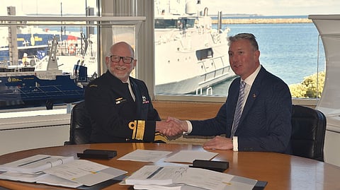 Rear Admiral Michael Houghton, Head of Patrol Boats and Specialist Ships, 
Naval Shipbuilding and Sustainment Group, and Austal CEO Paddy Gregg at the signing of the strategic shipbuilding agreement at Austal Henderson shipyard in Western Australia, August 28, 2025