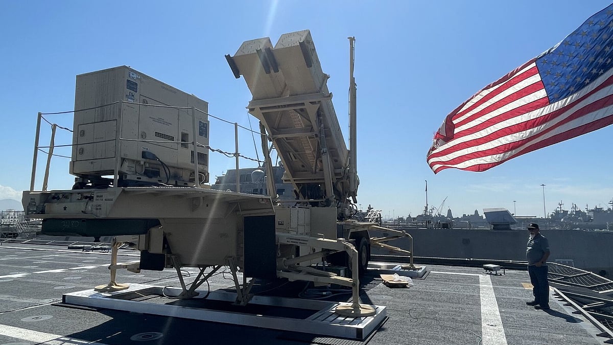 Patriot missile launcher deployed aboard US Navy littoral combat ship