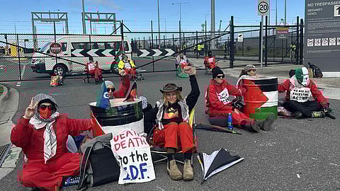Pro-Palestine activists blocking truck traffic at the Victoria International Container Terminal in Port Melbourne, Australia, September 1, 2025