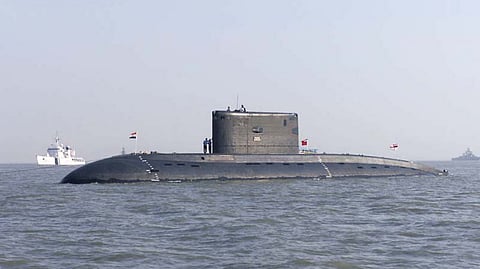 INS Sindhurakshak, a Sindhughosh-class submarine of the Indian Navy, at an anchorage near Mumbai (photo date unknown)