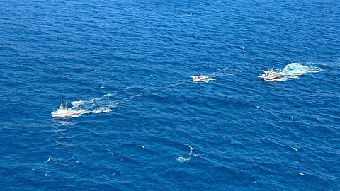 A small boat crew from Baywatch Avalon places a disabled panga carrying 11 suspected aliens in tow in the vicinity of Church Rock, California, September 2, 2025. 
