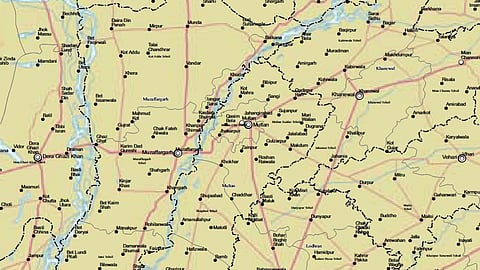 Map showing the city of Multan and other areas in Pakistan's Punjab province
