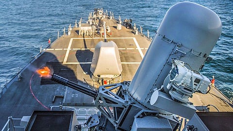 Phalanx close-in weapon system in operation on an unidentified warship