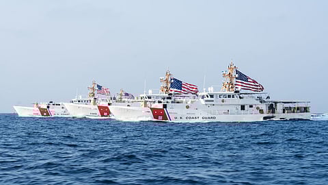 The US Coast Guard Sentinel-class fast response cutters USCGC Glen Harris, USCGC John Scheuerman, USCGC Emlen Tunnell, and USCGC Clarence Sutphin Jr transit the Strait of Hormuz, August 22, 2022. At the time the photograph was taken, the cutters were deployed to the US Fifth Fleet area of operations to help ensure maritime security and stability in the Middle East region.