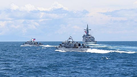 The Philippine Navy guided-missile frigate BRP Miguel Malvar and the fast attack interdiction craft BRP Laurence Narag, BRP Tomas Campo and BRP Albert Majini conduct a manoeuvring exercise during the live-fire Spike NLOS missile exercise west of San Antonio, Zambales province, September 9, 2025.