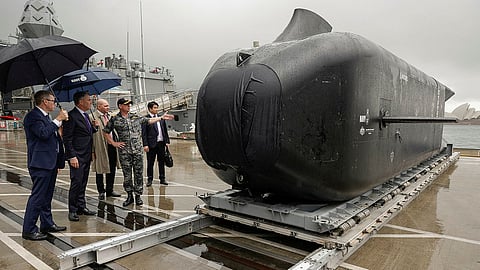 Australian Deputy Prime Minister and Minister for Defence Richard Marles and Minister for Defence Industry and Minister for Pacific Island Affairs Pat Conroy announcing the contract with Anduril Australia to acquire a new fleet of Australian designed and built extra-large autonomous undersea vehicle – known as the Ghost Shark – for the Royal Australian Navy, at Fleet Base East in Sydney, September 10, 2024