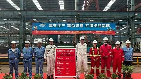 Ceremony marking the start of construction of a new rock installation vessel at China's Sanfu Shipbuilding, September 12, 2025
