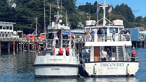 Coast Guard Station Yaquina Bay members rescue 49 passengers aboard a disabled tour boat near Newport, Oregon, September 17, 2025. The captain of the 62-foot Discovery sent out a mayday call to the Coast Guard via VHF radio after the vessel began producing excessive smoke and lost propulsion while in between the Yaquina Bay jetties.