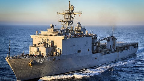 The US Navy dock landing ship USS Harpers Ferry underway in the Pacific Ocean, October 6, 2023